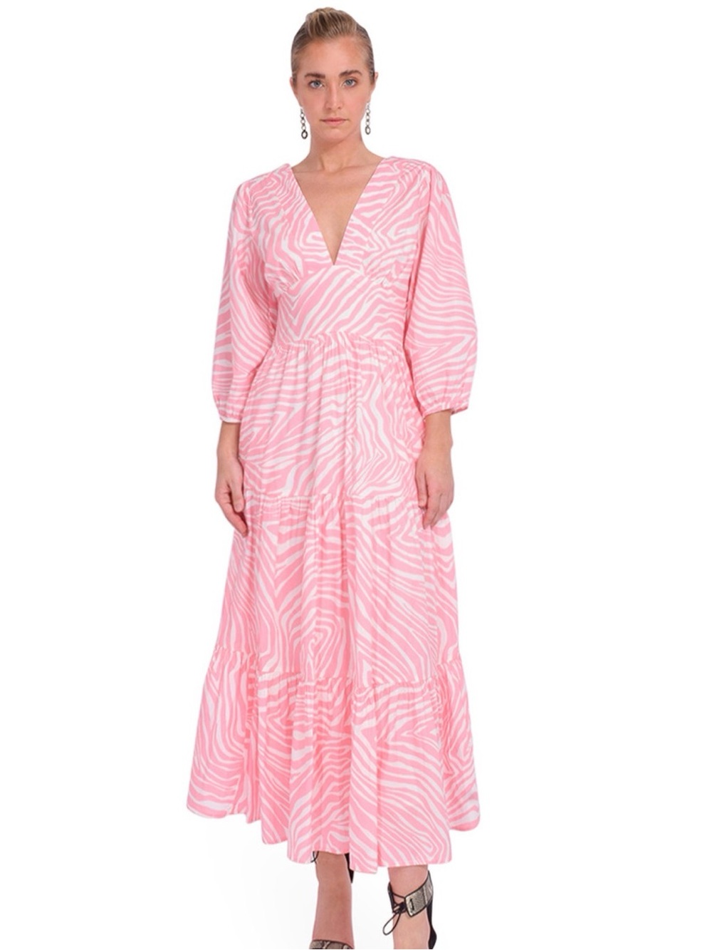 LOVE THE LABEL Elise Pink Zebra Alora Tiered Midi Maxi Dress Size Small Boho
